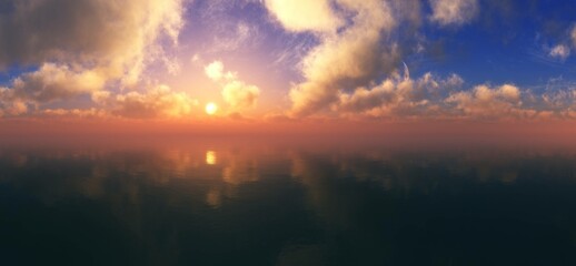 Fototapeta na wymiar Beautiful sea sunset, ocean coast at sunrise, sky with sun and clouds on the sea surface, 3d rendering