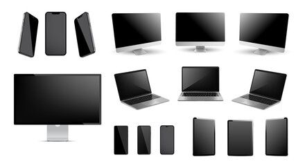 Set mockups of technology devices with empty display. Vector illustration isolated on white background.