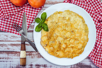 top view of a Spanish potato omelet on a table