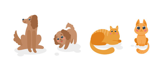 Cute dogs and cats vector hand drawn illustration. Cartoon pets set isolated