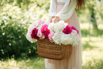 Woman holding a basket with beautiful fresh peonies. Bouquet of pink and white flowers. 