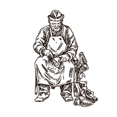 Shoemaker. A sitting man repairs shoes. Sketch. Engraving style. Vector illustration. - obrazy, fototapety, plakaty