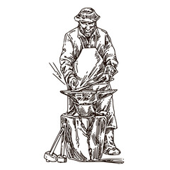 Blacksmith. Standing man in a work apron is forging iron on an anvil. Sketch. Engraving style. Vector illustration.