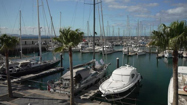 Marina Rubicon Shopping Centre and boats in Rubicon Marina, Playa Blanca, Lanzarote, Canary Islands, Spain