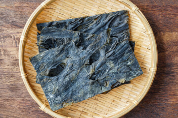 Dried kelp or kombu, japanese dried seaweed.