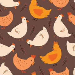 Vector seamless pattern with hand drawn chickens. Beautiful cartoon drawing, doodle style abstract design elements. Perfect elements for food or farming design.