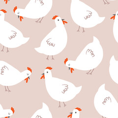 Vector seamless pattern with hand drawn chickens. Beautiful cartoon drawing, doodle style abstract design elements. Perfect elements for food or farming design.