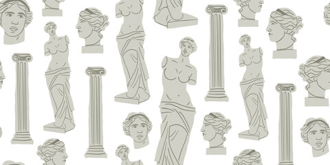 Fototapeta na wymiar Antique marble statue of woman, column, branch, amphora. Mythical, ancient greek style. Hand drawn trendy Vector illustration. Square Seamless Pattern. Background, wallpaper, poster template