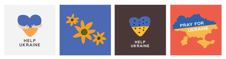 I Support Ukraine, Ukrainian flag with a Pray for Ukraine concept icon set, help ukraine, pray for ukraine, sunflowers, heart symbol. Save from Russia stickers, posters for media. Vector illustration