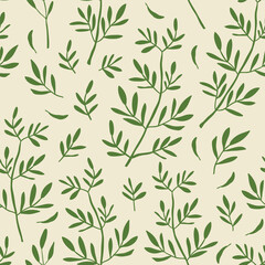 Herb leaves random placed seamless pattern. Vector branches on sage green background all over print.