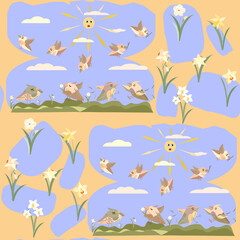 Fototapeta na wymiar spring flowers daffodils and birds pattern no background