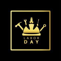 Labor day, construction helmet with tools on a black background. Golden icon. 