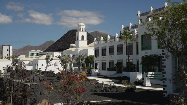 Hotels and mountain from Rubicon Marina, Playa Blanca, Lanzarote, Canary Islands, Spain