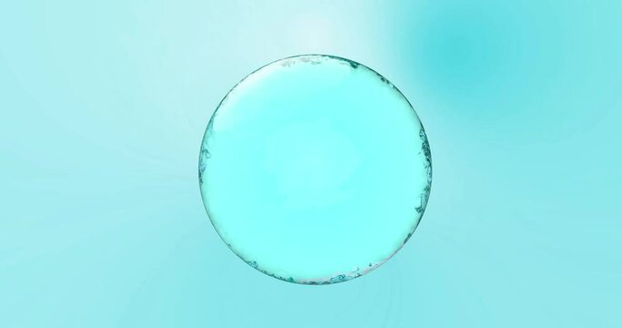 Animation of the fusion of water, serum and vitamins from five active components. A bright blue sphere of oil, cream, tonic, serum or cosmetics for face or body care. Slow motion beauty glossy