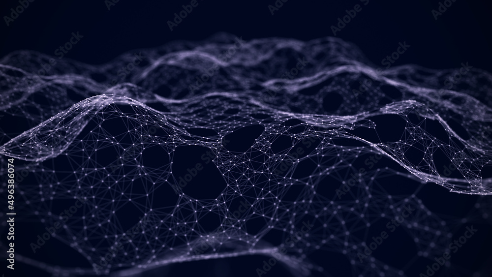 Fototapete Low poly shape with connecting dots and lines on dark purple background. Abstract polygonal space, dark background with connecting dots and lines. 3d rendering. Big data visualization.