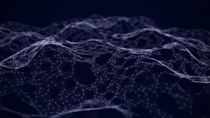 Low poly shape with connecting dots and lines on dark purple background. Abstract polygonal space, dark background with connecting dots and lines. 3d rendering. Big data visualization.