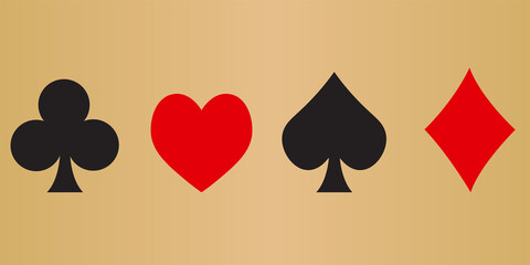 playing cards and poker spade, heart, club, diamond suit flat with Golden Background