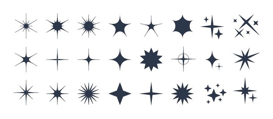 Minimalist silhouette stars icon, twinkle star shape symbols. Modern geometric elements, shining star icons, abstract sparkle black silhouettes symbol vector set - obrazy, fototapety, plakaty
