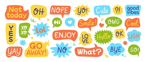 Colorful speech bubble with funny text, chat balloons in different shapes. Comic cloud talk bubbles with phrases and messages, doodle dialog balloon, conversation message stickers vector set