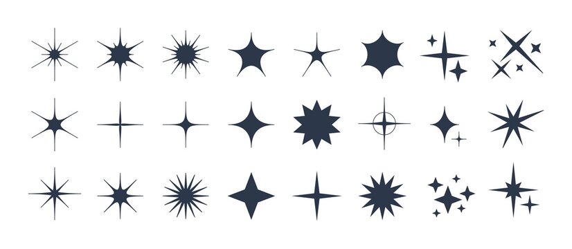 Minimalist silhouette stars icon, twinkle star shape symbols. Modern geometric elements, shining star icons, abstract sparkle black silhouettes symbol vector set