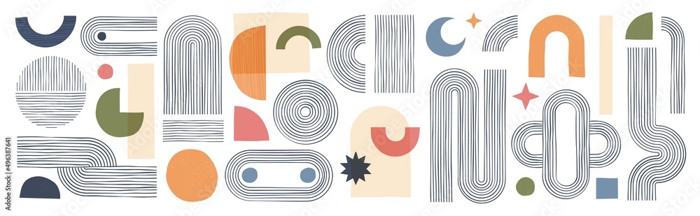 Fototapete Contemporary shapes, minimalist boho aesthetic elements, abstract geometric forms. Trendy bohemian basic figures and line elements for poster or print design vector set