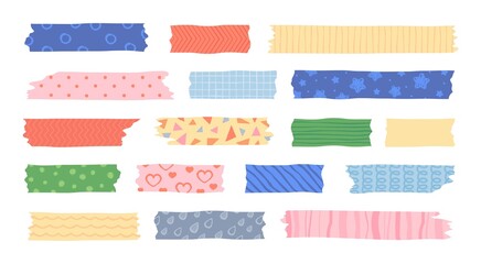 Washi tape with cute patterns, adhesive scotch stripes for scrapbooking. Japanese masking tapes with dots, stars and hearts, colorful mask strips for scrapbook decor vector set - obrazy, fototapety, plakaty