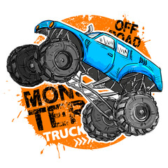 Print with Hand drawing  blue Monster Truck. Vector t-shirt illustration for boy  © artlavi_design