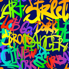 Abstract seamless chaotic pattern with urban graffiti words, scuffed and sprays. Grunge texture background. Wallpaper for boys. Fashion sport style