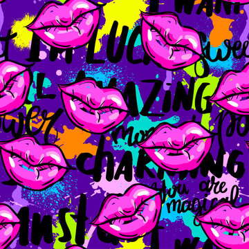 Abstract seamless pop style pattern. Beauty repeated backdrop. Girlish wallpaper. Spots and kiss lips. Colorful cartoon style