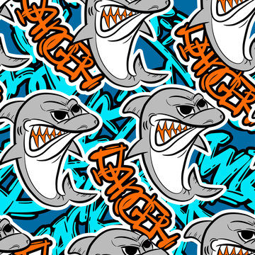 Grunge seamless pattern with cool shark and graffiti text on dark background.  Print for boys