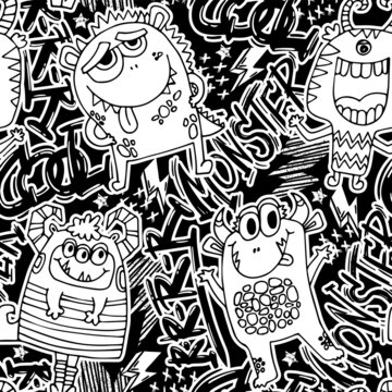 Grunge seamless pattern with cool monsters and graffiti text on black background.  Print for boys