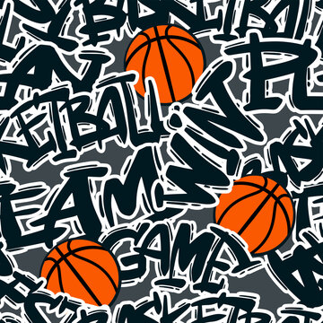 Abstract seamless grunge pattern for guys. Urban style modern background with basketball and slogans. Sport extreme style creative wallpaper