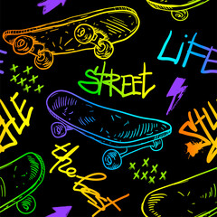 Abstract seamless grunge pattern for boy. Urban style modern background with colorful skateboards. Sport extreme style creative wallpaper for guys. © artlavi_design