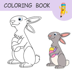 Rabbit holding Easter eggs. Coloring book with funny cartoon easter Bunny. Colorless and color samples of Hare. Happy Easter. Spring holiday. Template of coloring page or practice worksheet for kids.