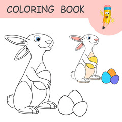 Coloring book with funny cartoon easter Bunny and eggs. Colorless and color samples of Rabbit and Easter eggs. Happy Easter. Spring holiday. Template of coloring page or practice worksheet for kids.