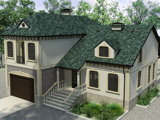 Fototapeta na wymiar 3d illustration of the concept of the architectural project of a private house located in the forest. 3d render of a two-storey house in a colonial style. House with green roof and car garage