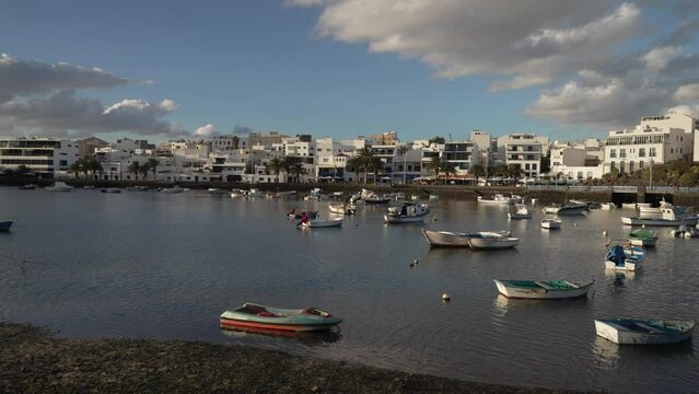 Boats, bars and shops in Bahia de Arrecife, Marina, Arrecife, Lanzarote, Canary Islands, Spain