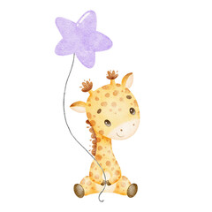 Watercolor illustration of a cute cartoon giraffe. Cute tropical animals. © Bonbonny
