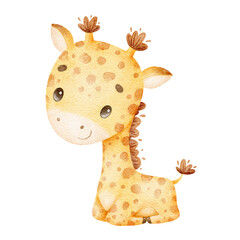 Watercolor illustration of a cute cartoon giraffe. Cute tropical animals. © Bonbonny