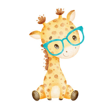 Watercolor illustration of a cute cartoon giraffe. Cute tropical animals.