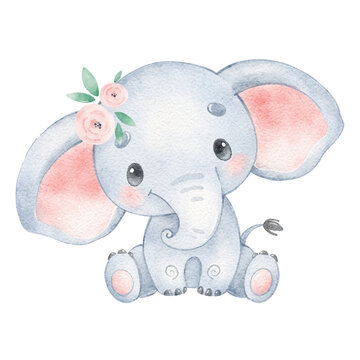 Watercolor illustration of a cute cartoon elephant. Cute tropical animals.