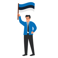 Estonia flag waving man.Joyful guy hand holding Estonia flag.Character cartoon vector flat illustration. Isolated on white background.