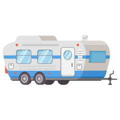 Camping badge design.Rv camping trailer.Travel trailer for outdoor adventures. View from side.Vector flat illustration. Isolated on white background.