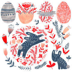 Watercolor decorative items for Easter. Hare, plant, egg - seamless pattern