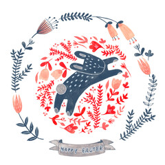 Watercolor decorative items for Easter. Hare, plant, egg - seamless pattern