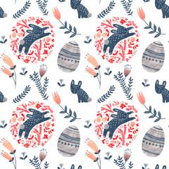 Watercolor decorative items for Easter. Hare, plant, egg - seamless pattern