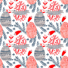 Watercolor decorative items for Easter. Hare, plant, egg - seamless pattern