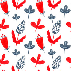 Watercolor decorative items for Easter. Hare, plant, egg - seamless pattern