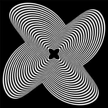 Op-art, optical, visual art vector element. Black and white abstract geometric twisted shape