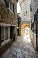 Fototapeta premium Narrow street of old town in Herzeg Novi, Montenegro